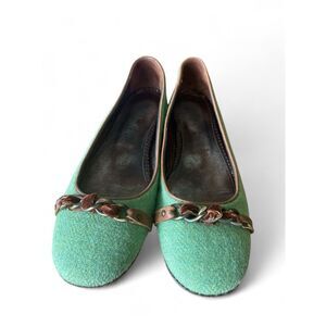 J.Crew Women's 7 Green Wool Ballet Flats Leather Lining and Chain Detail, Italy